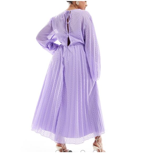ASOS DESIGN Curve Pleated Chevron Chiffon Midi Dress Fluted Sleeve Lilac Plus 24 - Picture 2 of 14